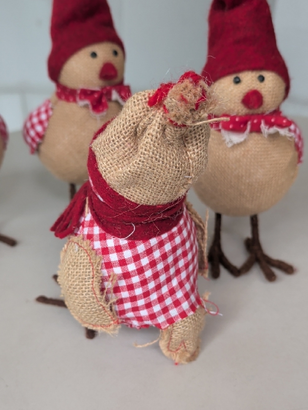 Festive Red Burlap Bird Holiday Decor Set of 4 Christmas Holiday Adorable Unique - Picture 4 of 6